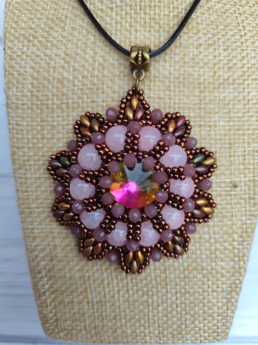Handcrafted Pink Bead Flower Pendant Necklace - Picture 4 of 10